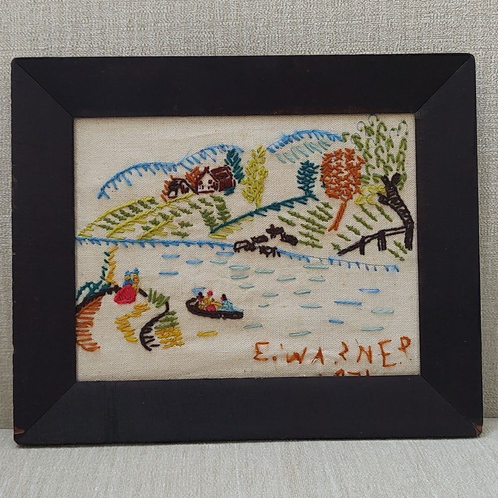 Vintage 1970's Handmade Crewel Fall Country Farm Scene Wood Framed Art Signed